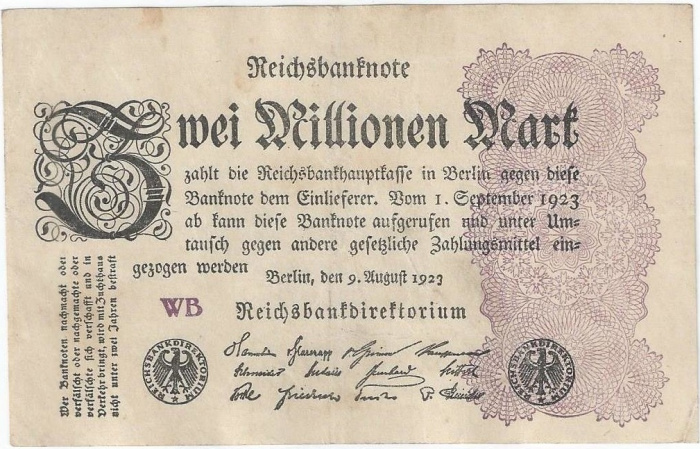 (1923) Банкнота Германия 1923 год 2 000 000 марок &quot;Вод знак Звёзды&quot; 5-й выпуск, с виньеткой  VF